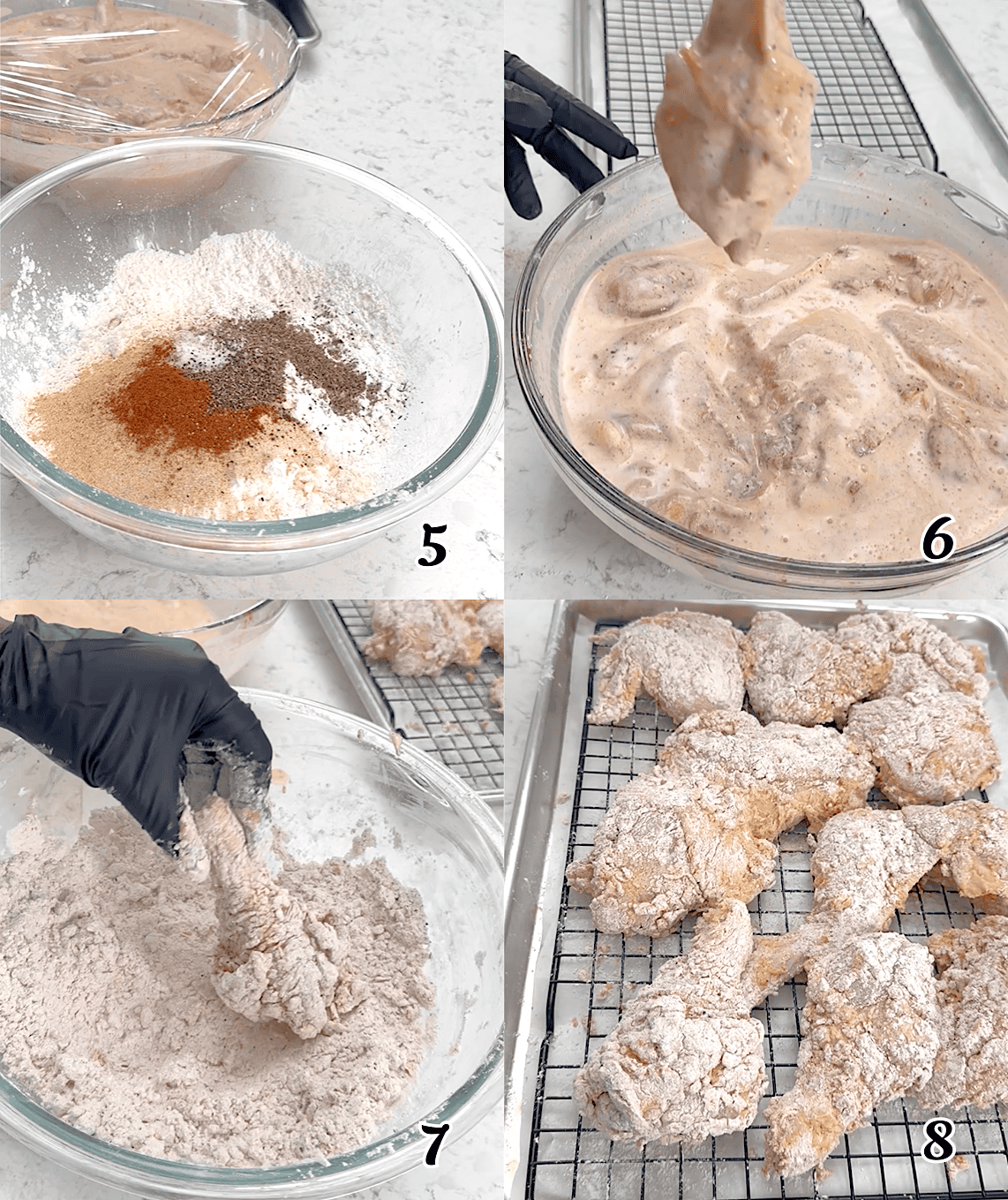 Make the breading, coat the chicken, and let it rest for a few minutes while the oil heats up.