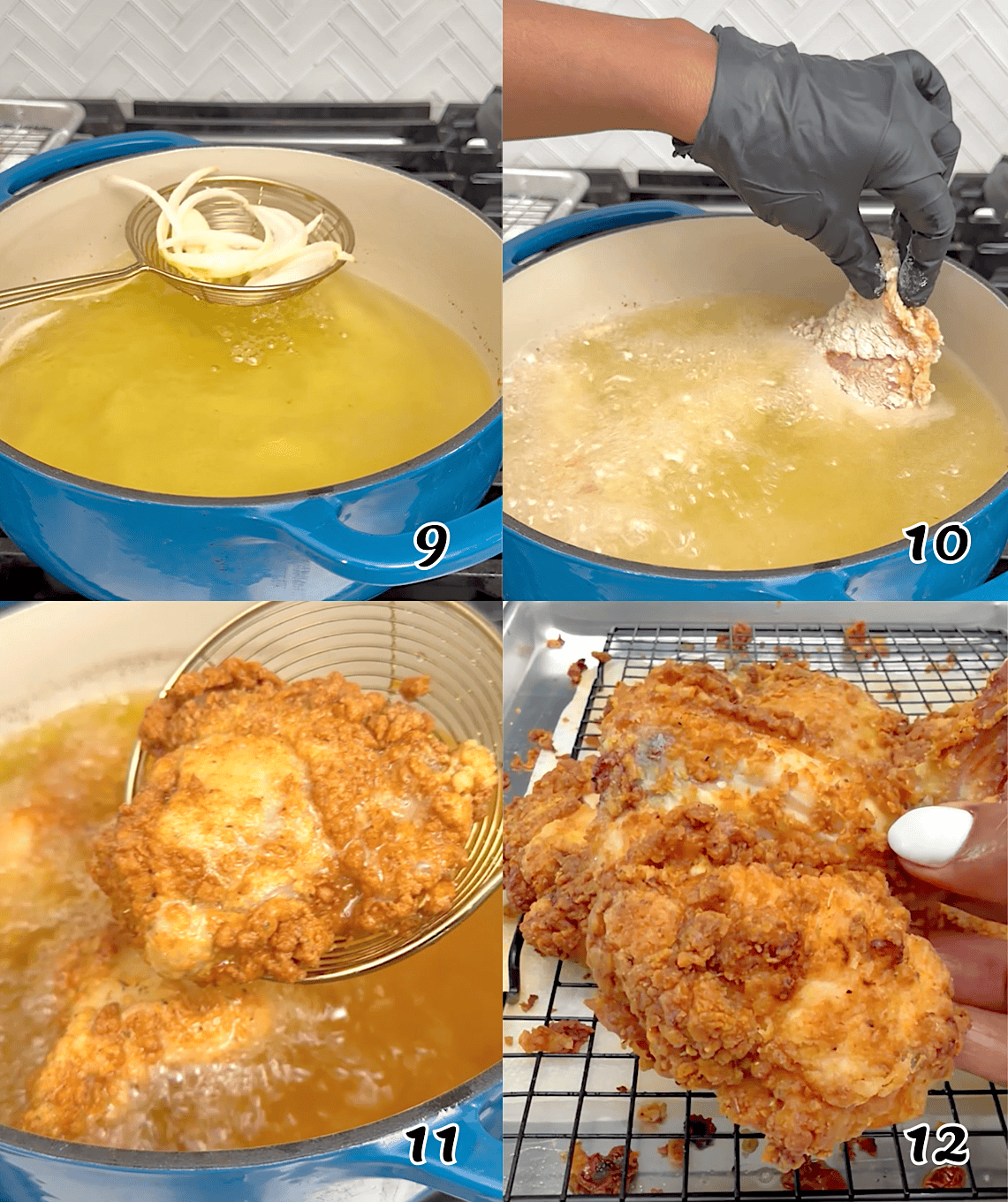 Fry an onion for more flavor, then add the chicken. As soon as it's done, drain it on a rack, and enjoy.