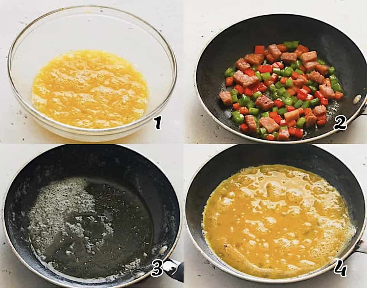 Beat the eggs, saute the filling, melt the butter to bubbling, and add the beaten egg to the skillet.