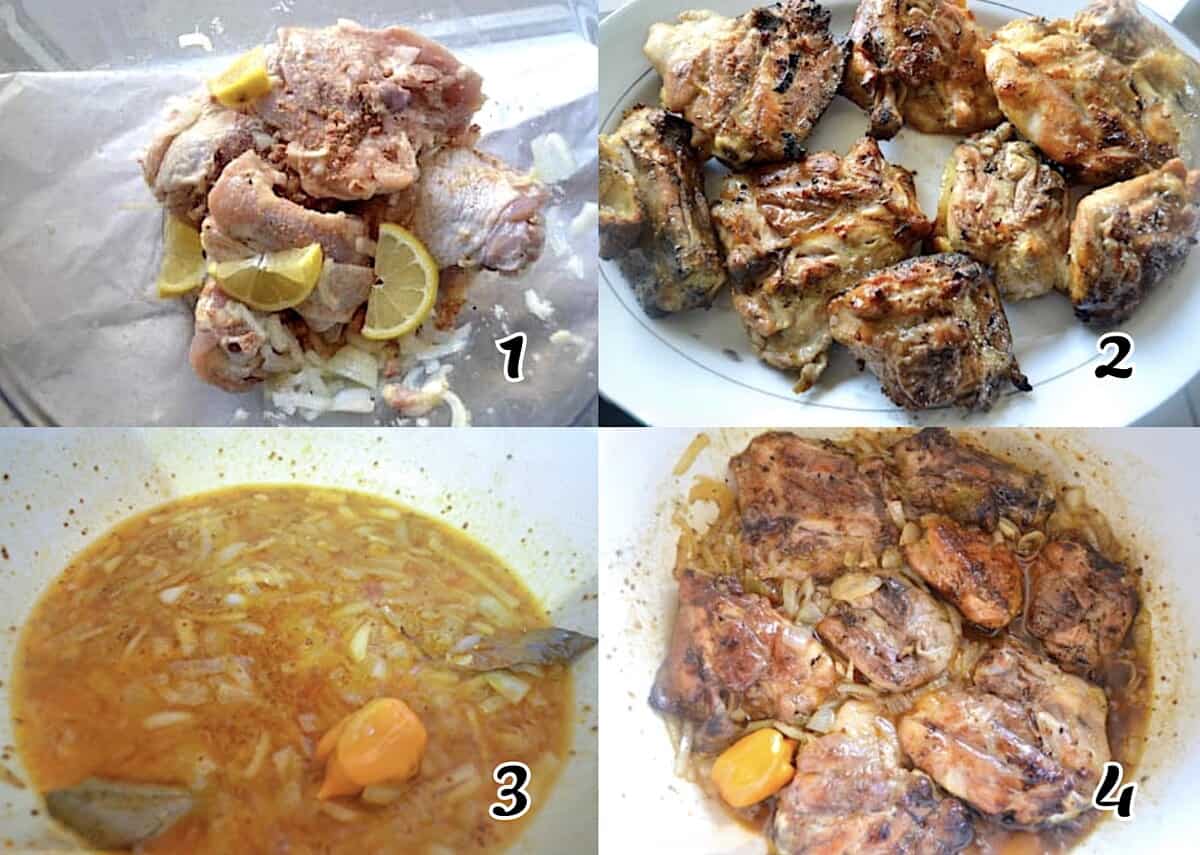 Marinate and cook the poultry, make the sauce, and simmer until tender.