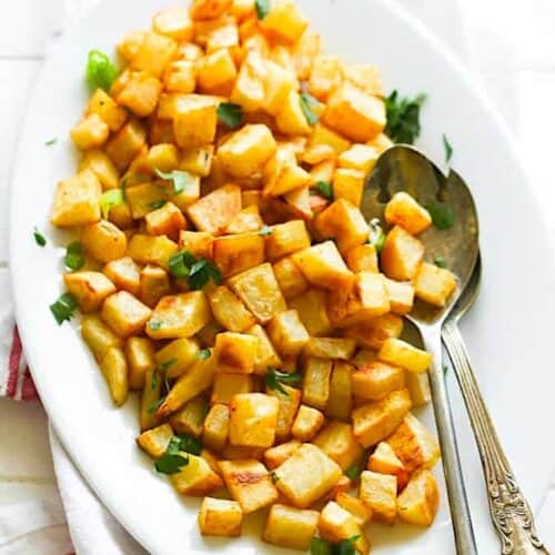 Freshly baked potato cubes perfect for breakfast.