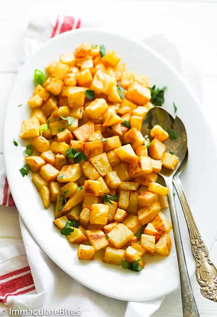 Freshly baked potato cubes perfect for breakfast.