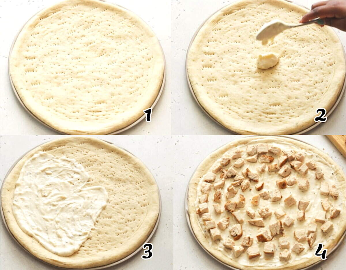 Spread the Alfredo sauce on the pizza crust, then add the chicken.