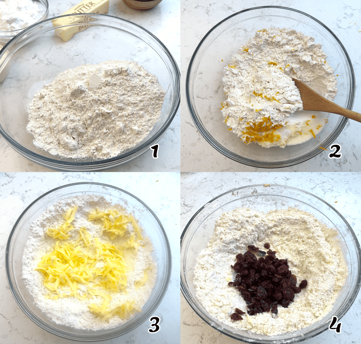 Mix the dry ingredients, add the zest and butter, then stir in the dried fruit.