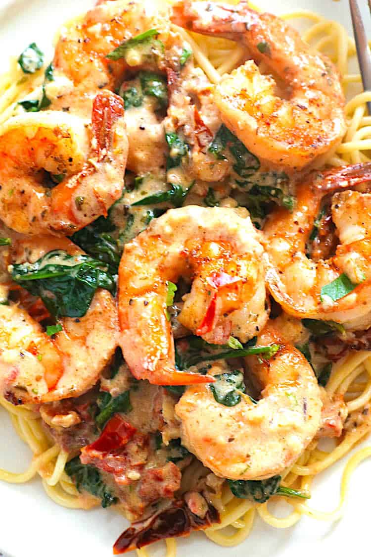 Juicy, tender shrimp in a creamy garlic sauce with sun-dried tomatoes.