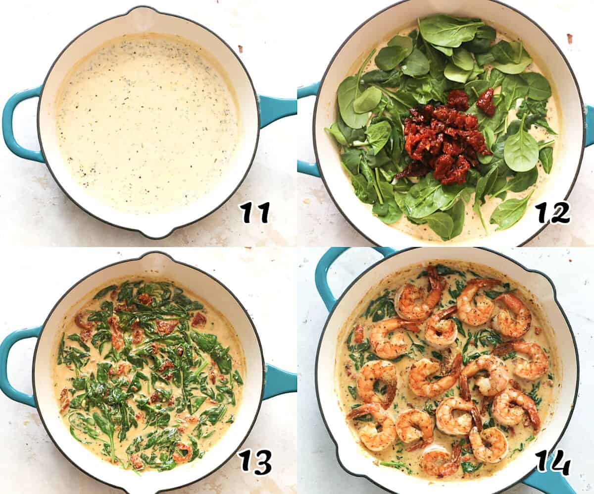 Add the cream, add the spinach and sun-dried tomatoes, simmer, then add the shrimp.