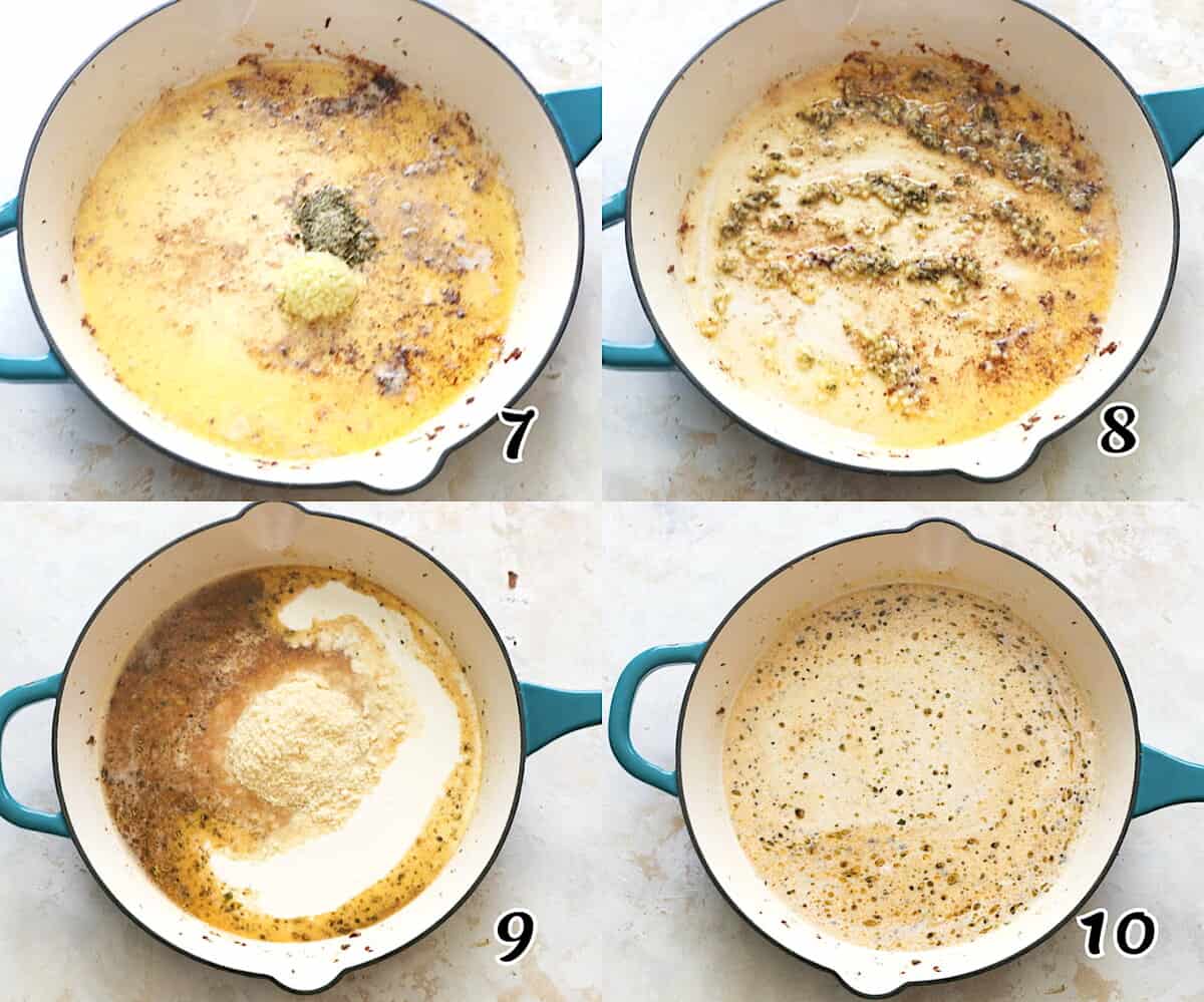 Saute the garlic and seasonings, add the broth, and simmer.