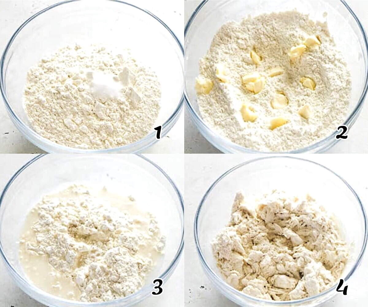 Mix the dry ingredients, add the fat, and then the liquid. Start kneading.