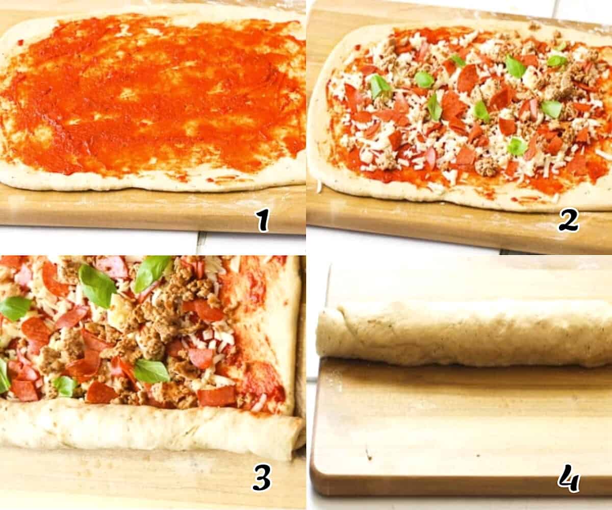 Roll out the dough, slather it with sauce, add the fillings and roll it.