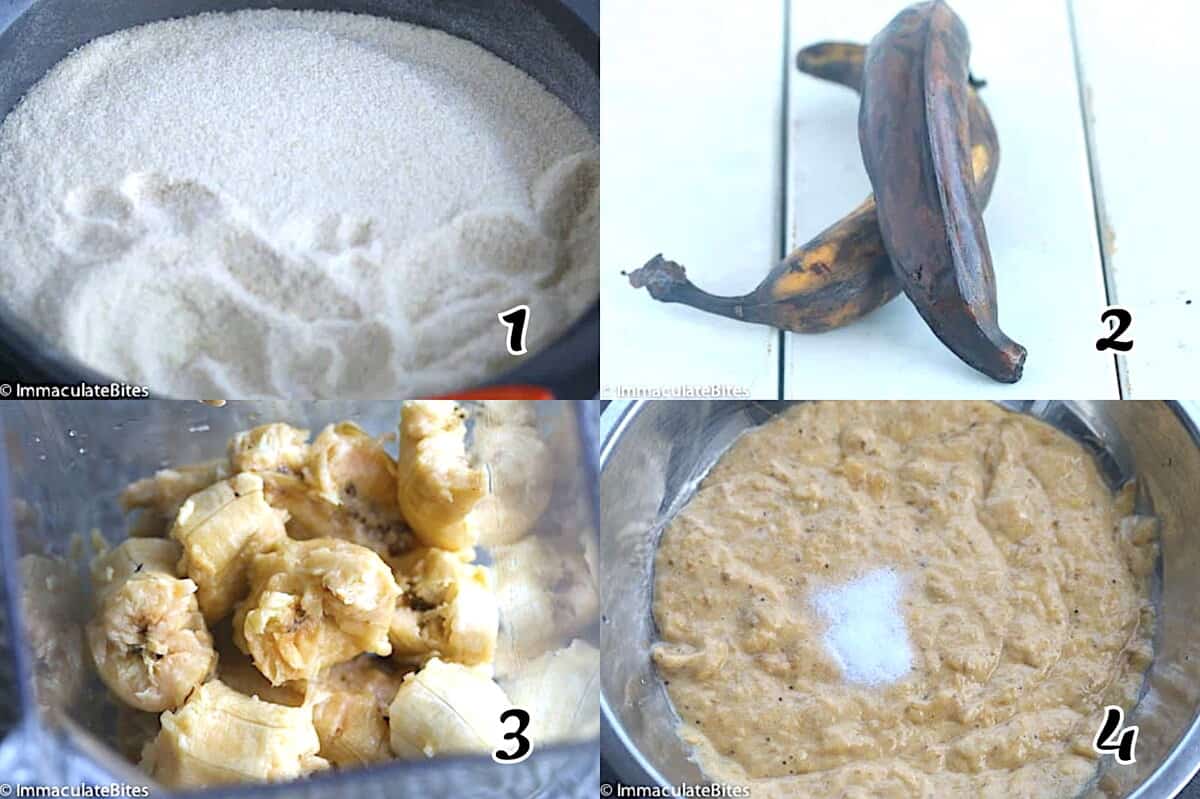 Grind the rice (or use rice flour), mash the plantains, mix in the dry ingredients.