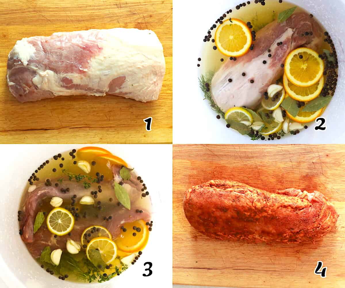 Trim excess fat, brine, and season the meat.