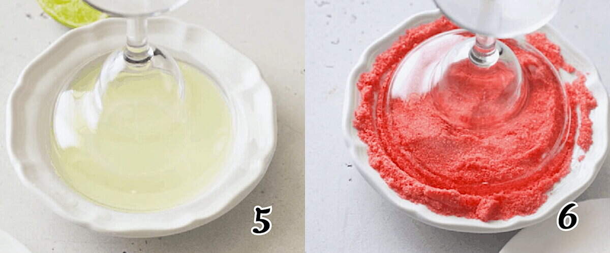 Set up the liquid and sugar and rim the glasses.