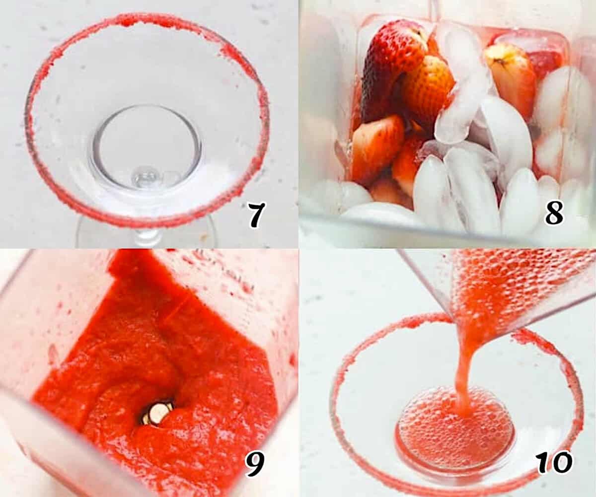 Set the rimmed glasses aside, puree the margarita ingredients, and pour the finished drink into the waiting glasses.