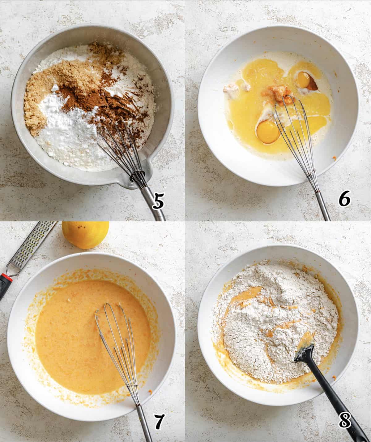 Mix the dry ingredients, mix the liquids, and combine.