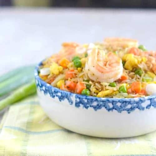 A bowl of African Caribbean shrimp fried rice for fusion comfort food.