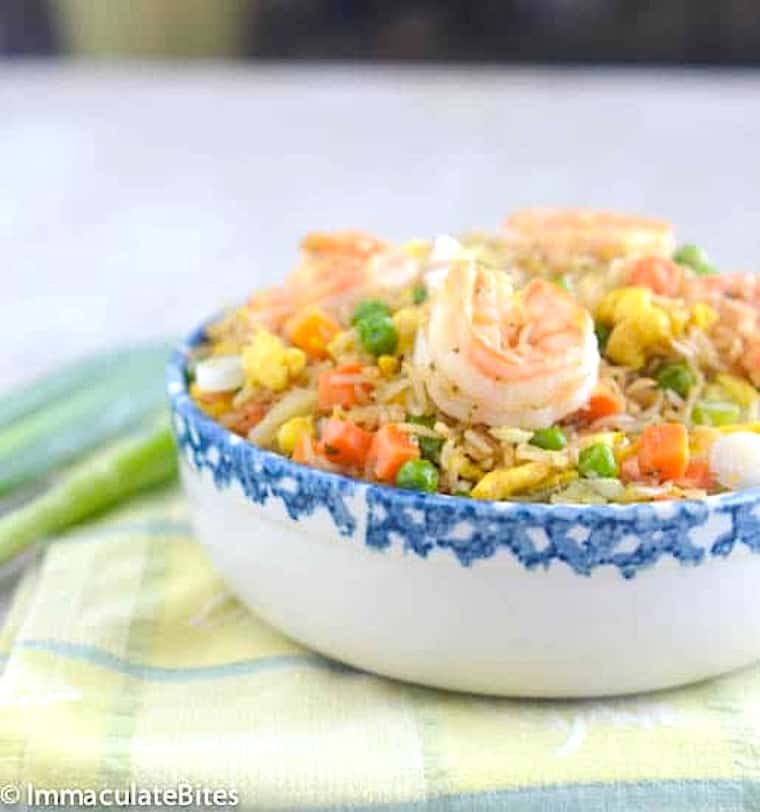 A bowl of African Caribbean shrimp fried rice for fusion comfort food.