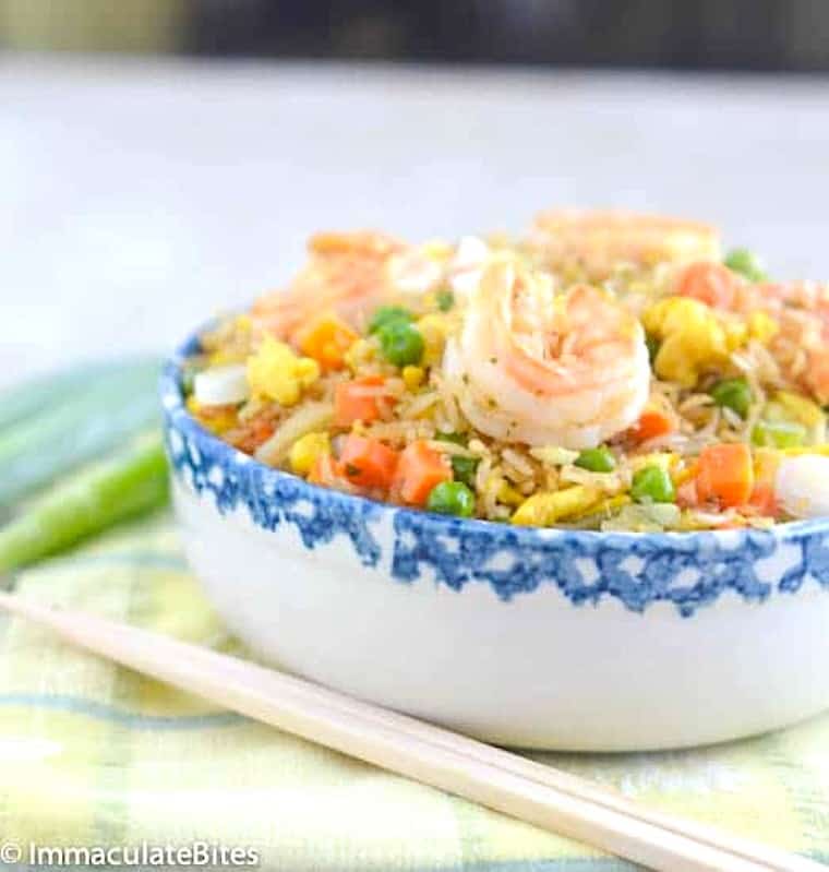 Freshly fried rice with veggies and shrimp for a quick and healthy lunch.