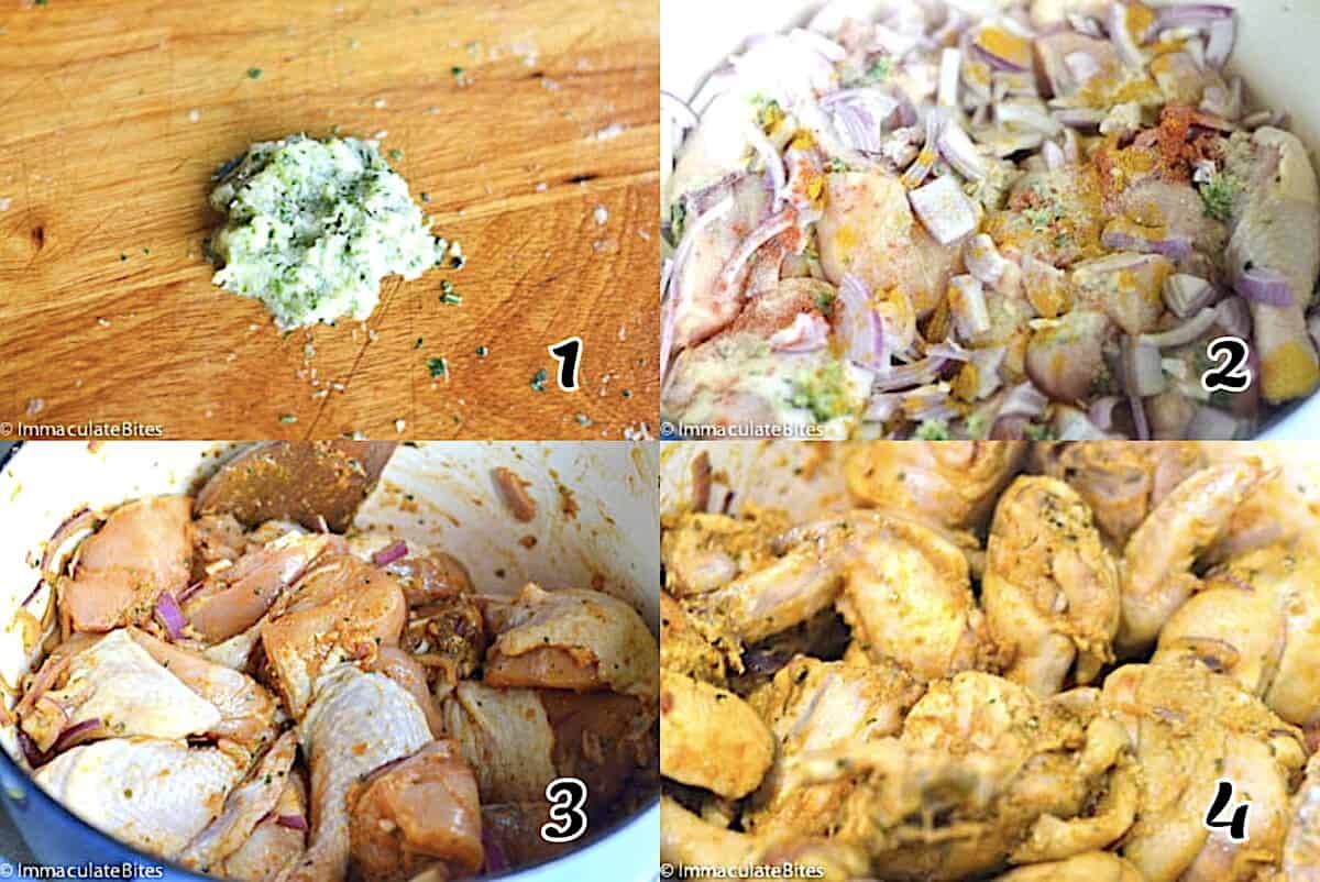 Puree the seasonings, marinate the chicken, and then poach or steam it.