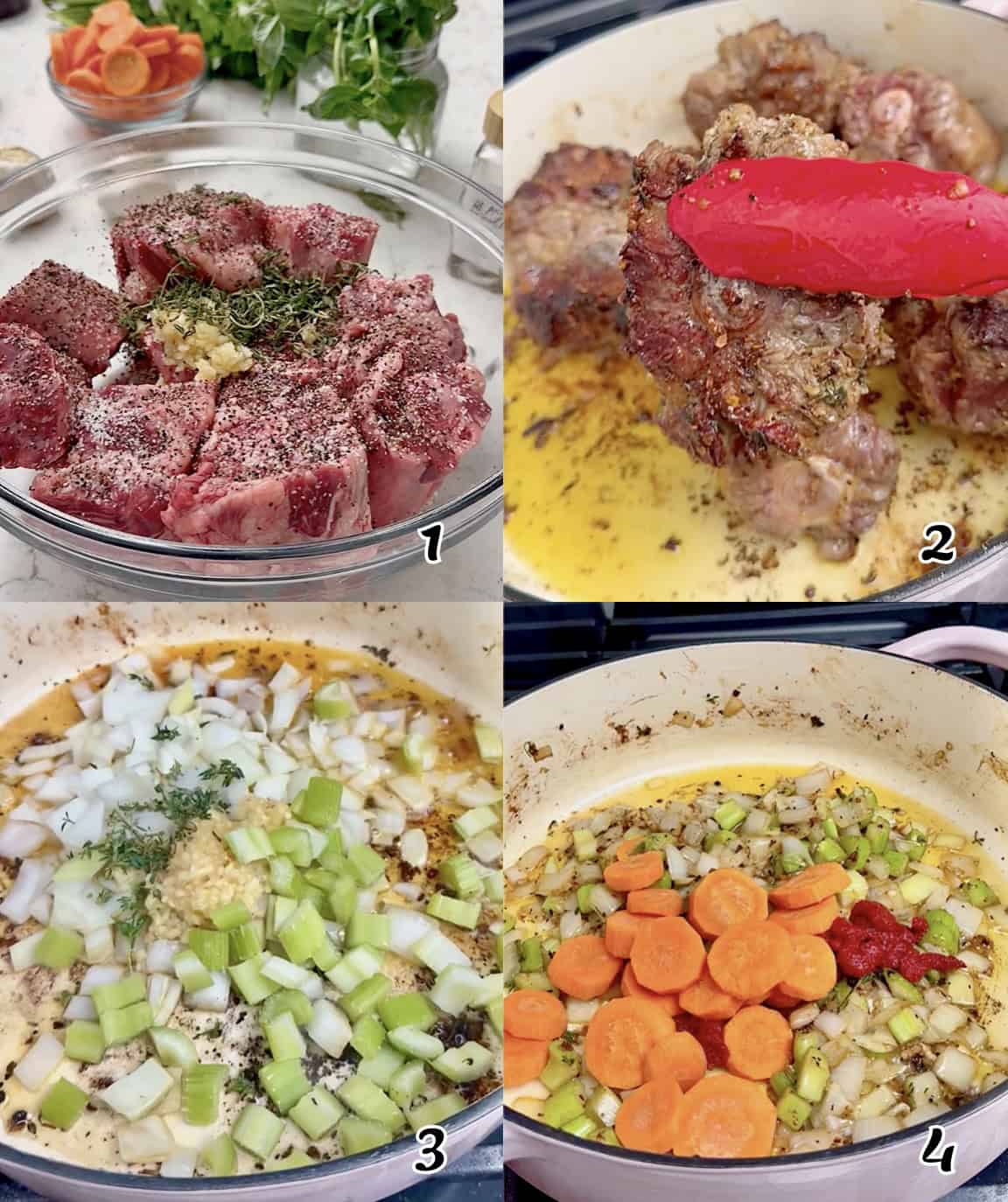 Season and sear the beef, saute the aromatics, and add the vegetables.