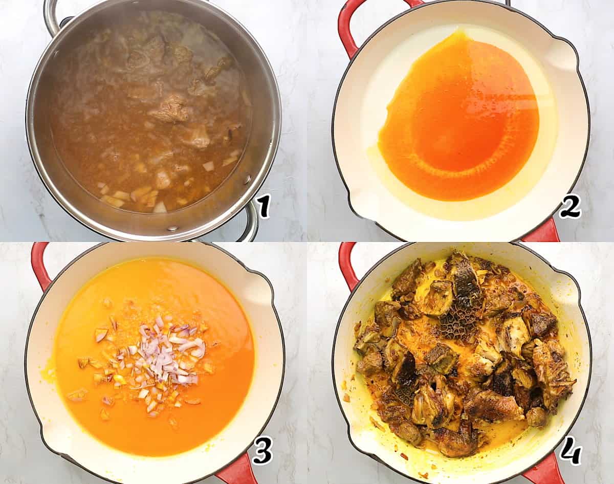 Simmer beef, heat palm oil, saute onions, and add meat.