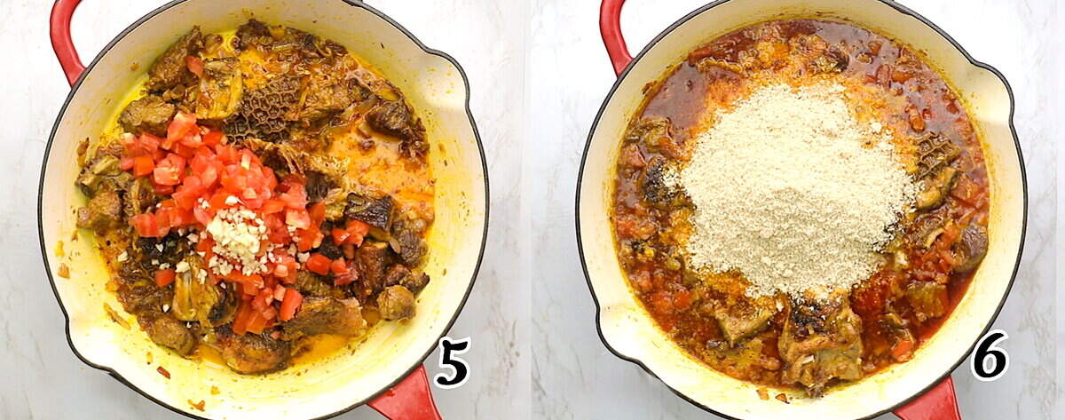 Add tomatoes and broth, simmer, then add ground egusi seeds.