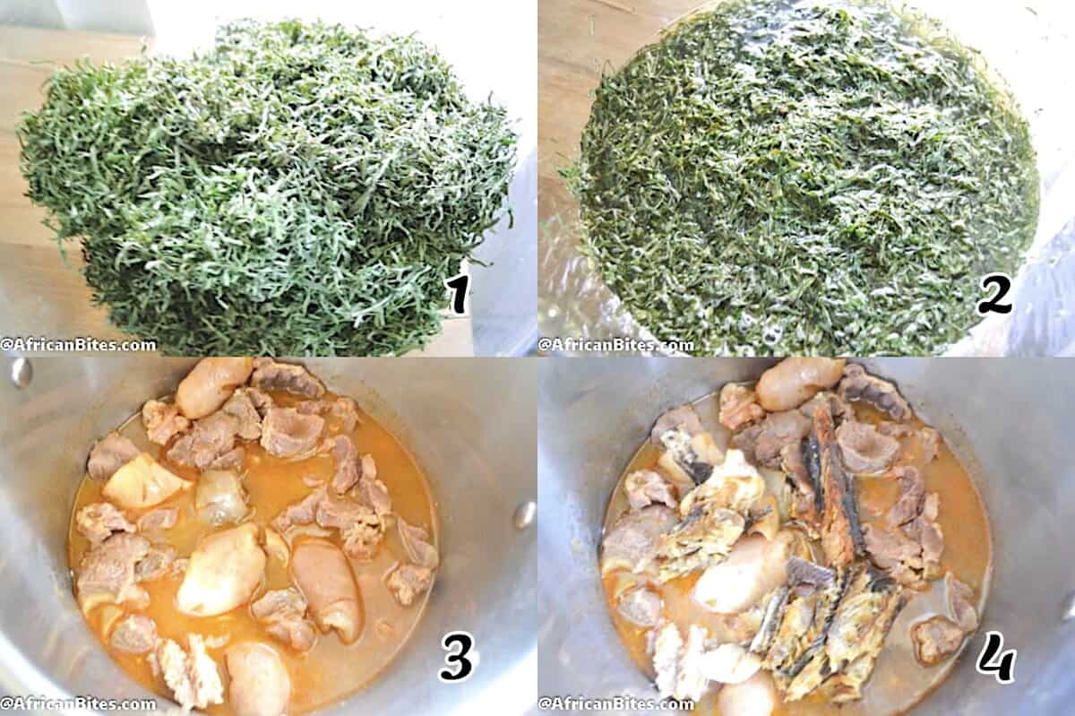 Soak the okazi leaves and cook the beef.