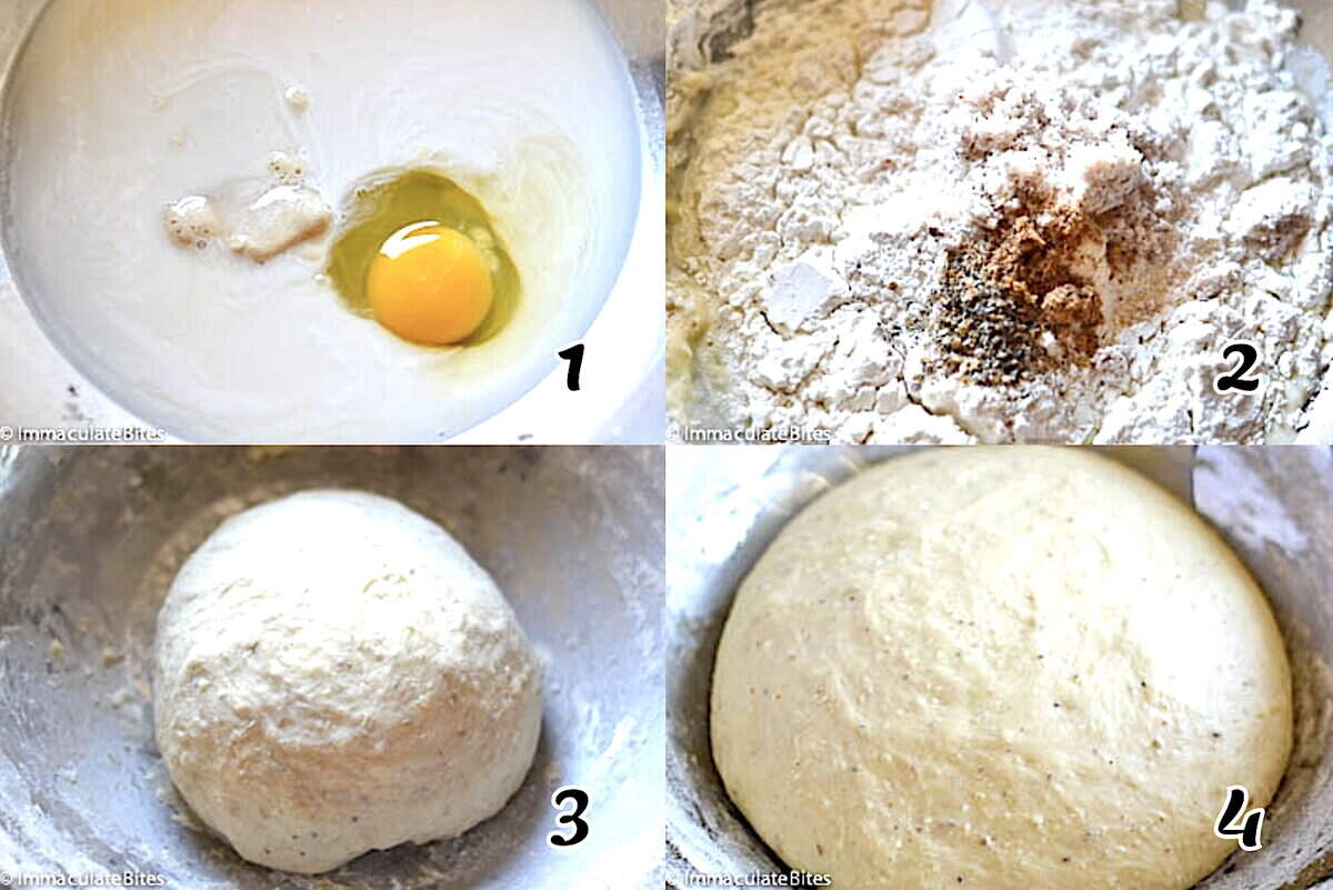 Activate the yeast, add the egg, mix in the dry ingredients, and knead until smooth.