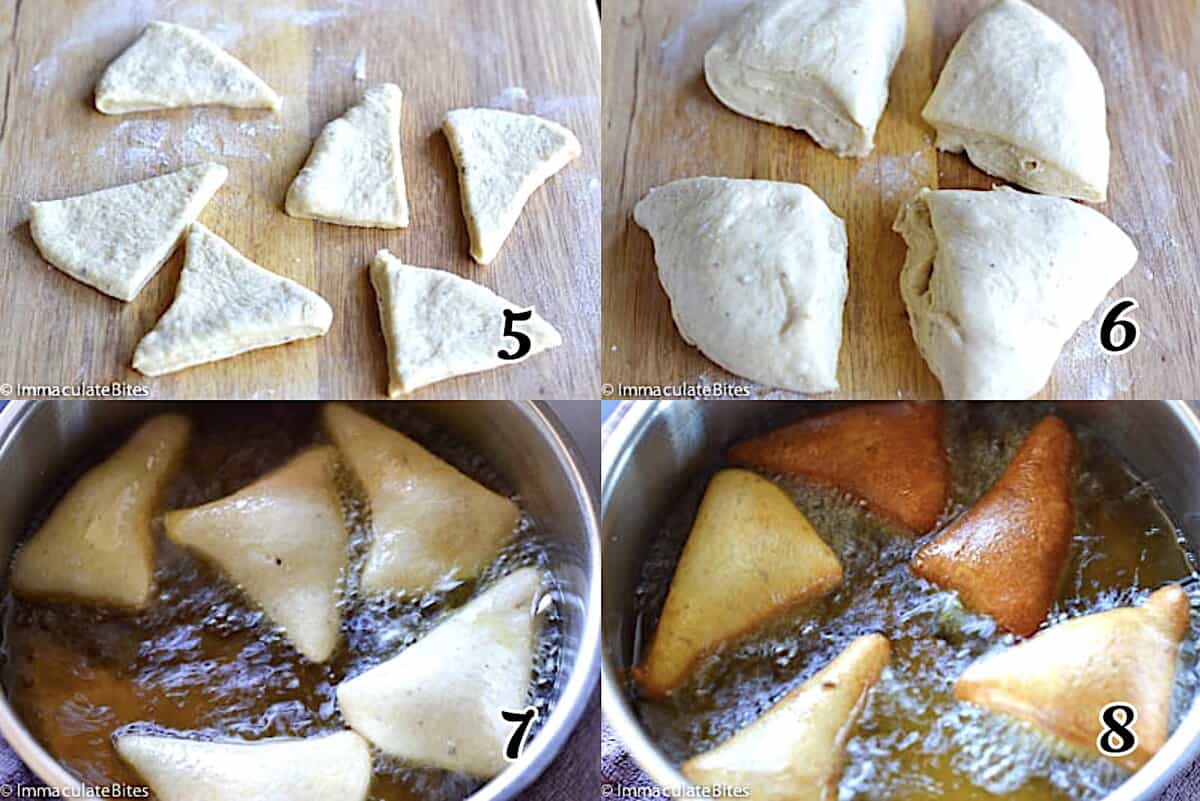 Roll into triangular balls, let them rise, then fry them.