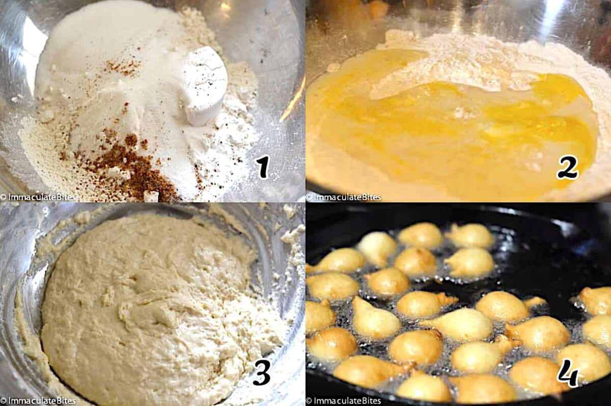 Mix the dry ingredients, add the wet ingredients, and fry.