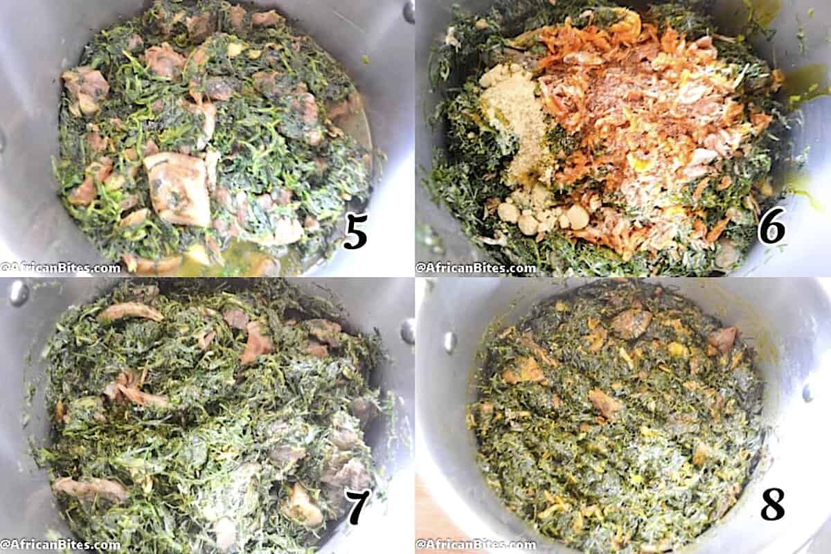 Add the spinach and crayfish, simmer, add the eru leaves, adjust seasoning to taste, and enjoy.