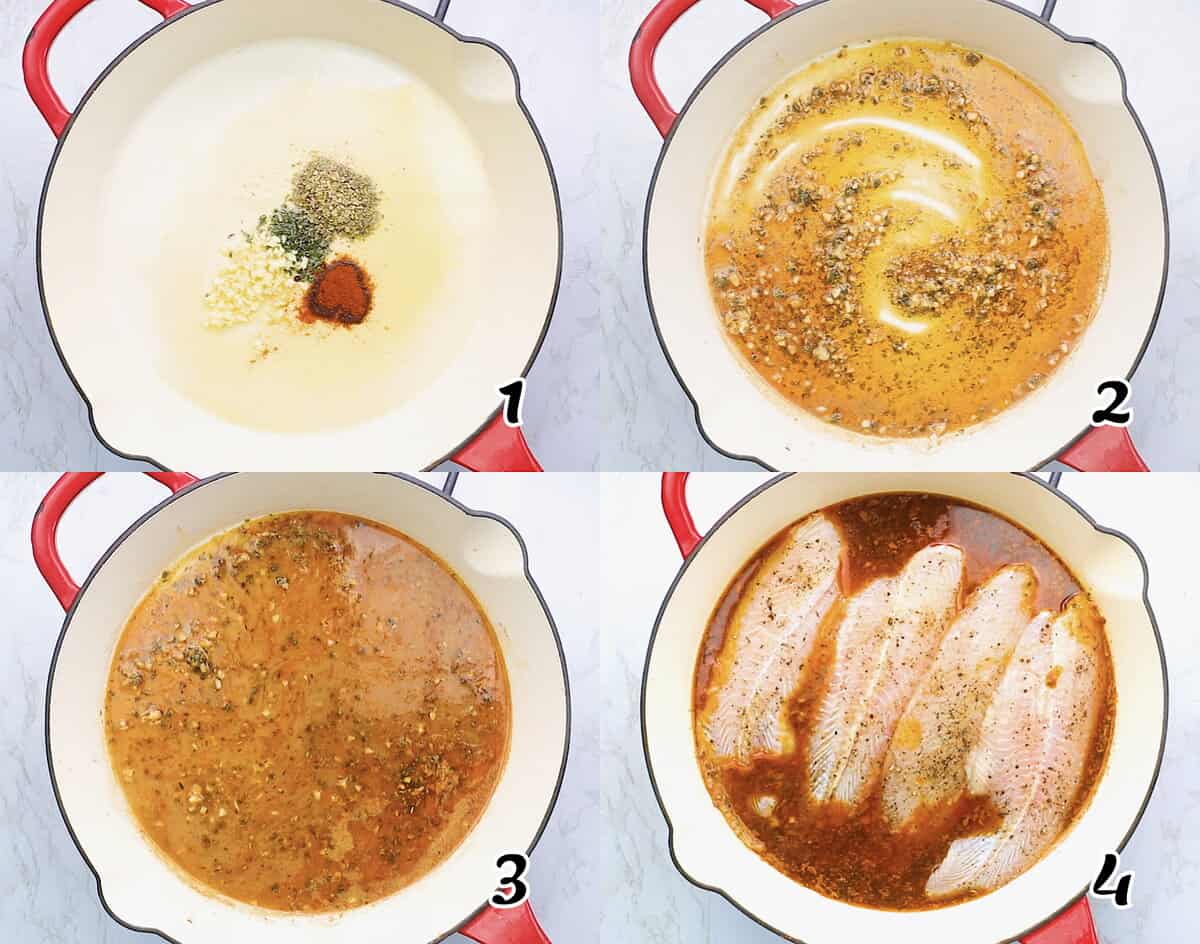 Make the sauce, then pour it over the fish.