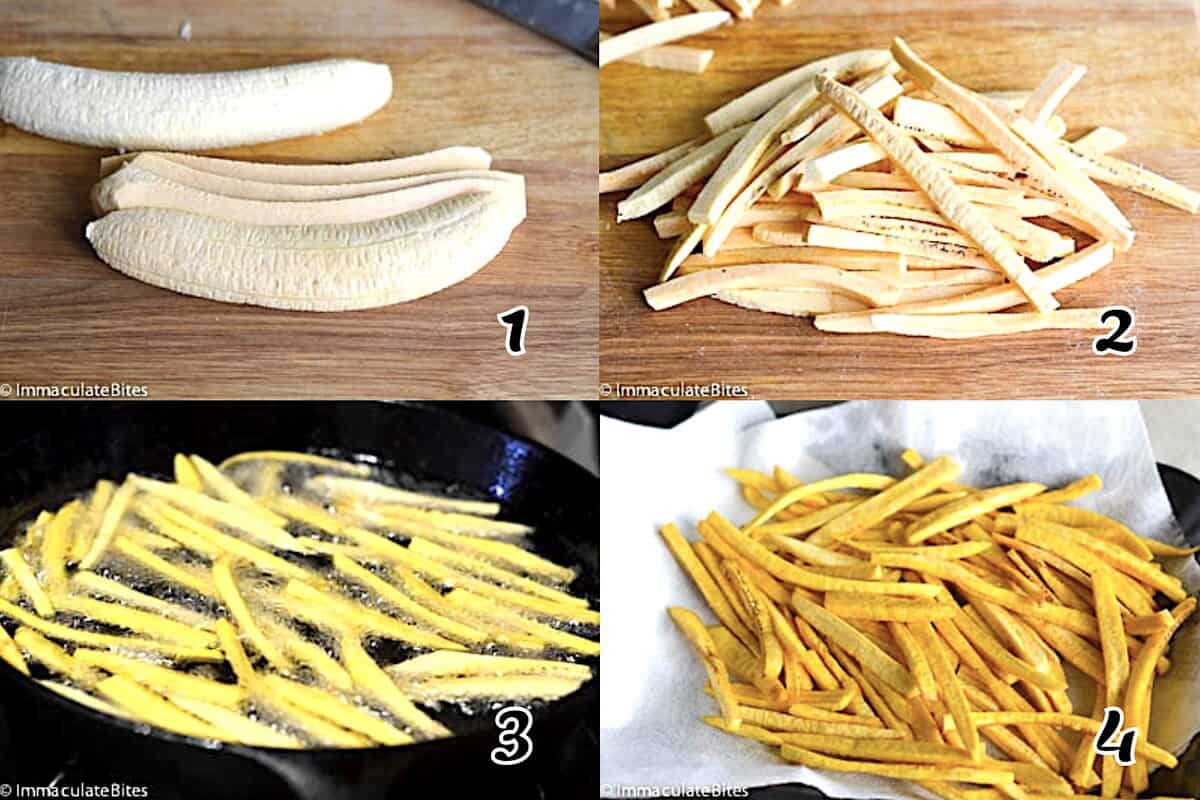 Peel and slice the plantains, then fry and drain them. Add a sprinkle of salt for good measure.