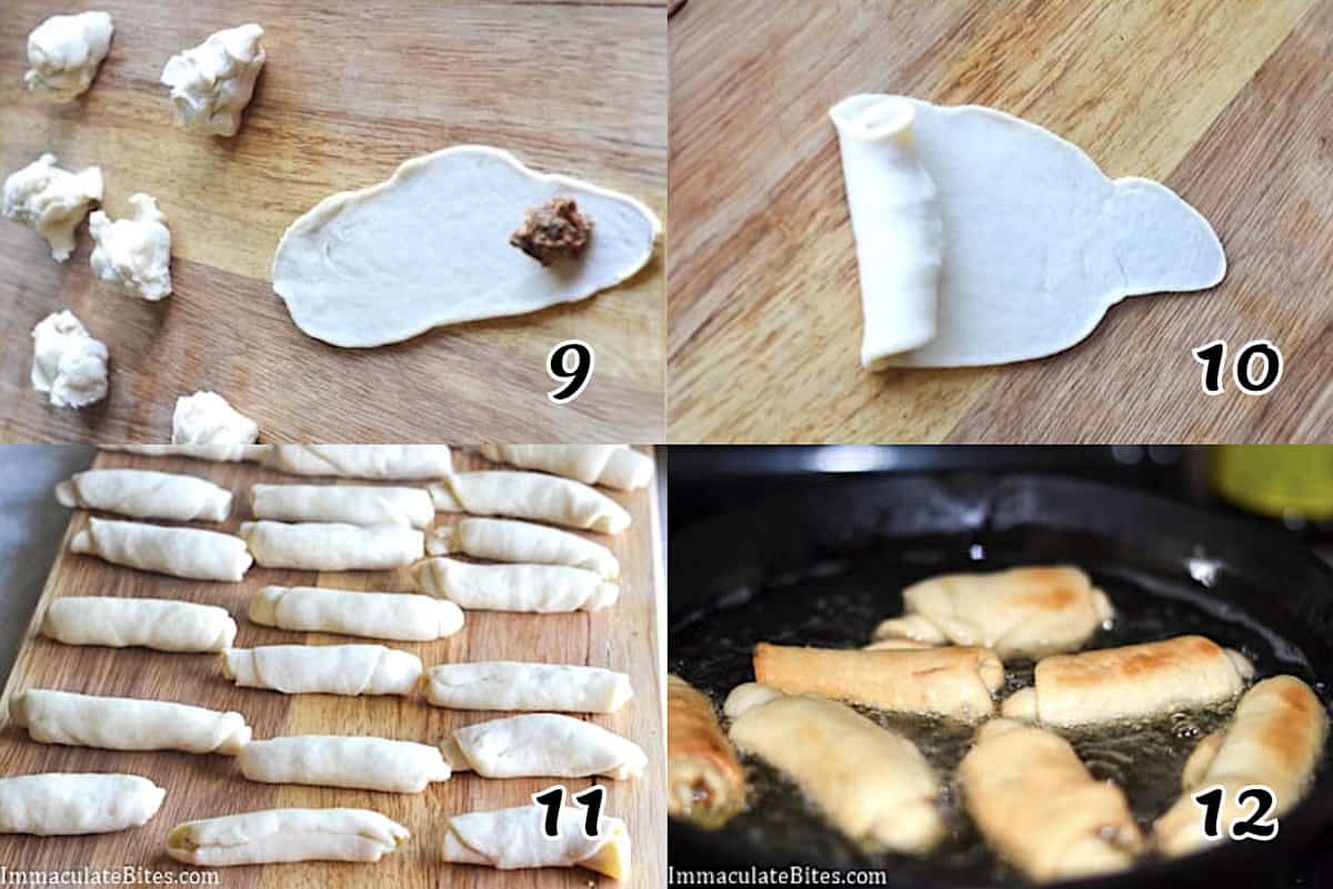 Fill the dough, roll them up, and fry them.