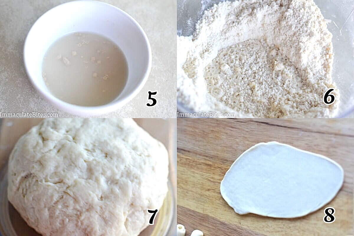 Knead dough, let it rise, then divide it and roll it out.
