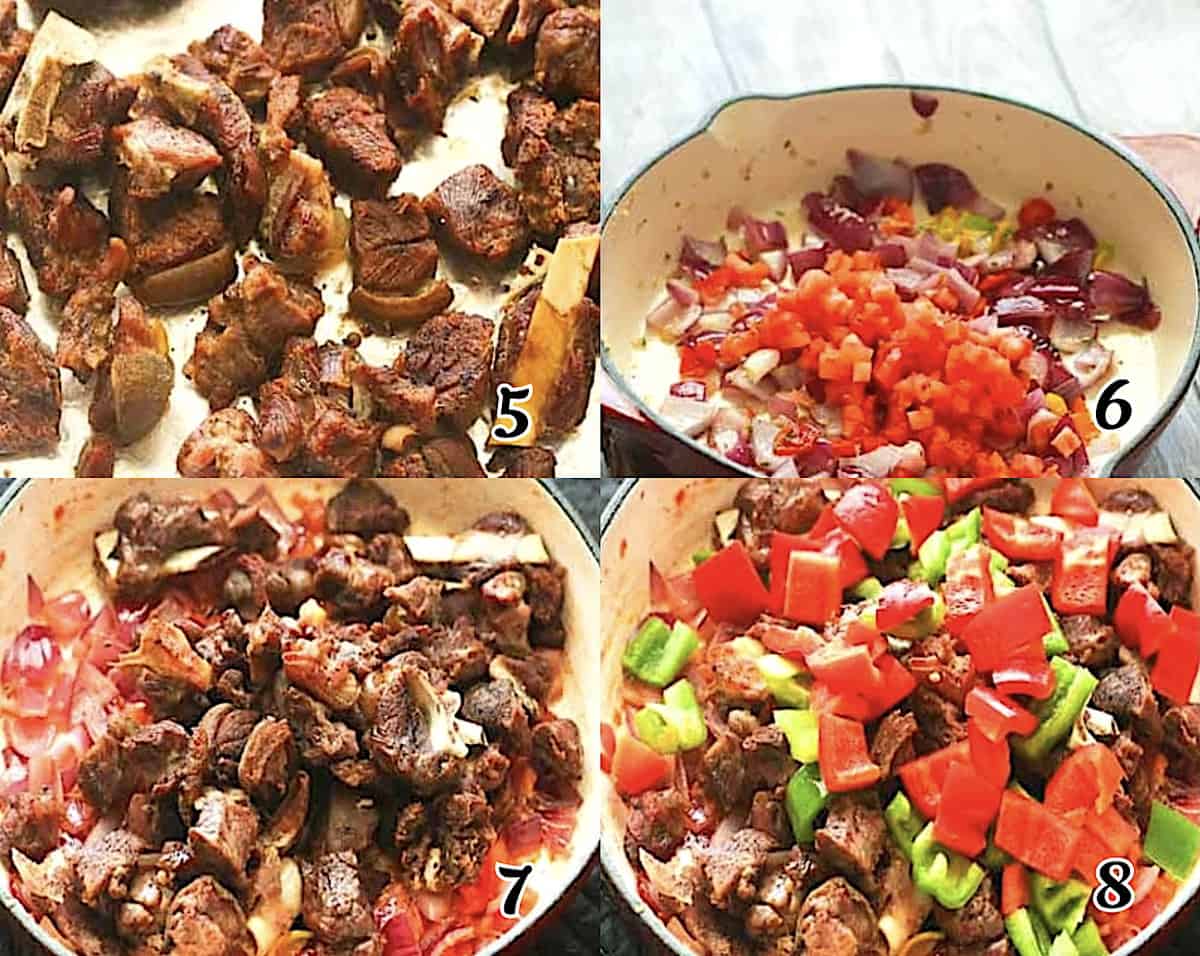 Finish broiling, saute aromatics, add the meat back in, and add the spice.