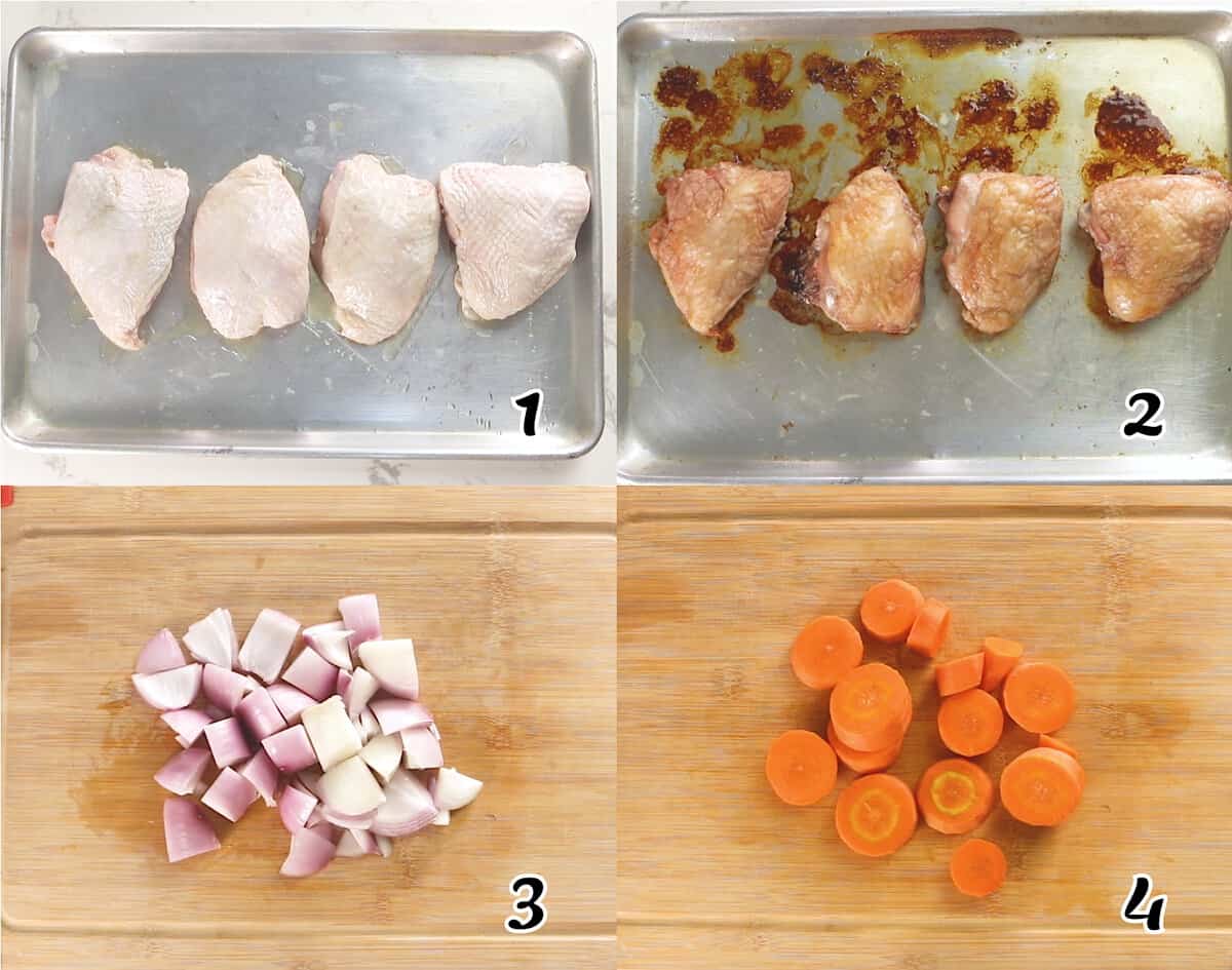 Roast the chicken plus reserved bones and prep the veggies.