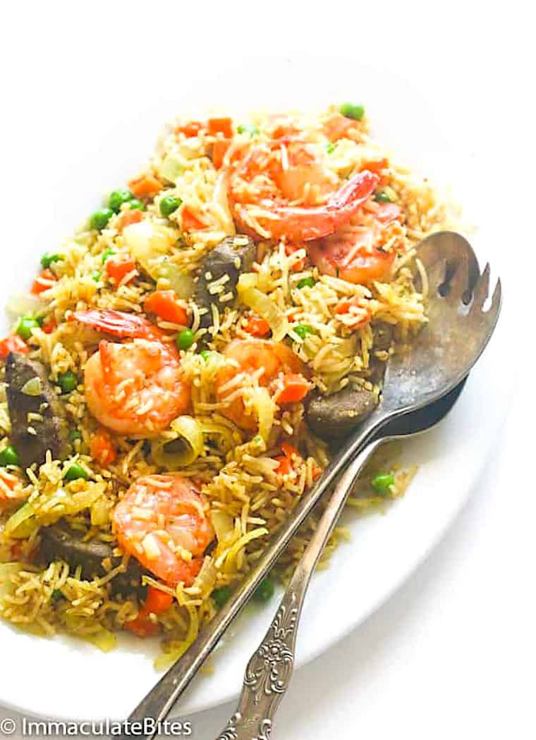Serving up Nigerian fried rice with shrimp.