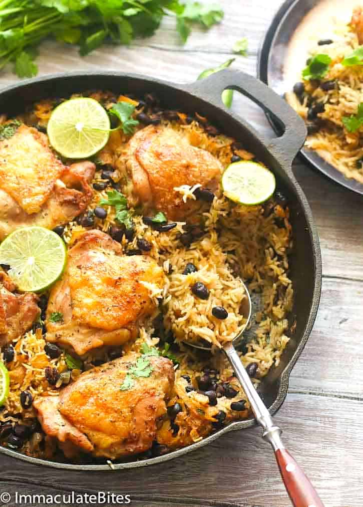 Rice and beans cooked with chicken and seasoned with lime and cilantro.