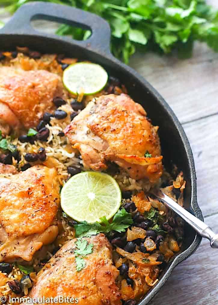 Baked chicken and rice fresh from the oven.