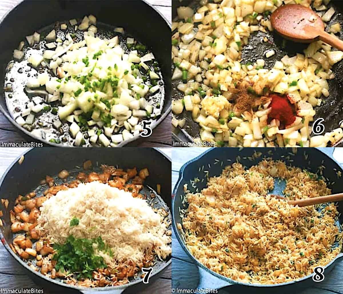 Saute the aromatics, add the seasonings, stir in the rice.