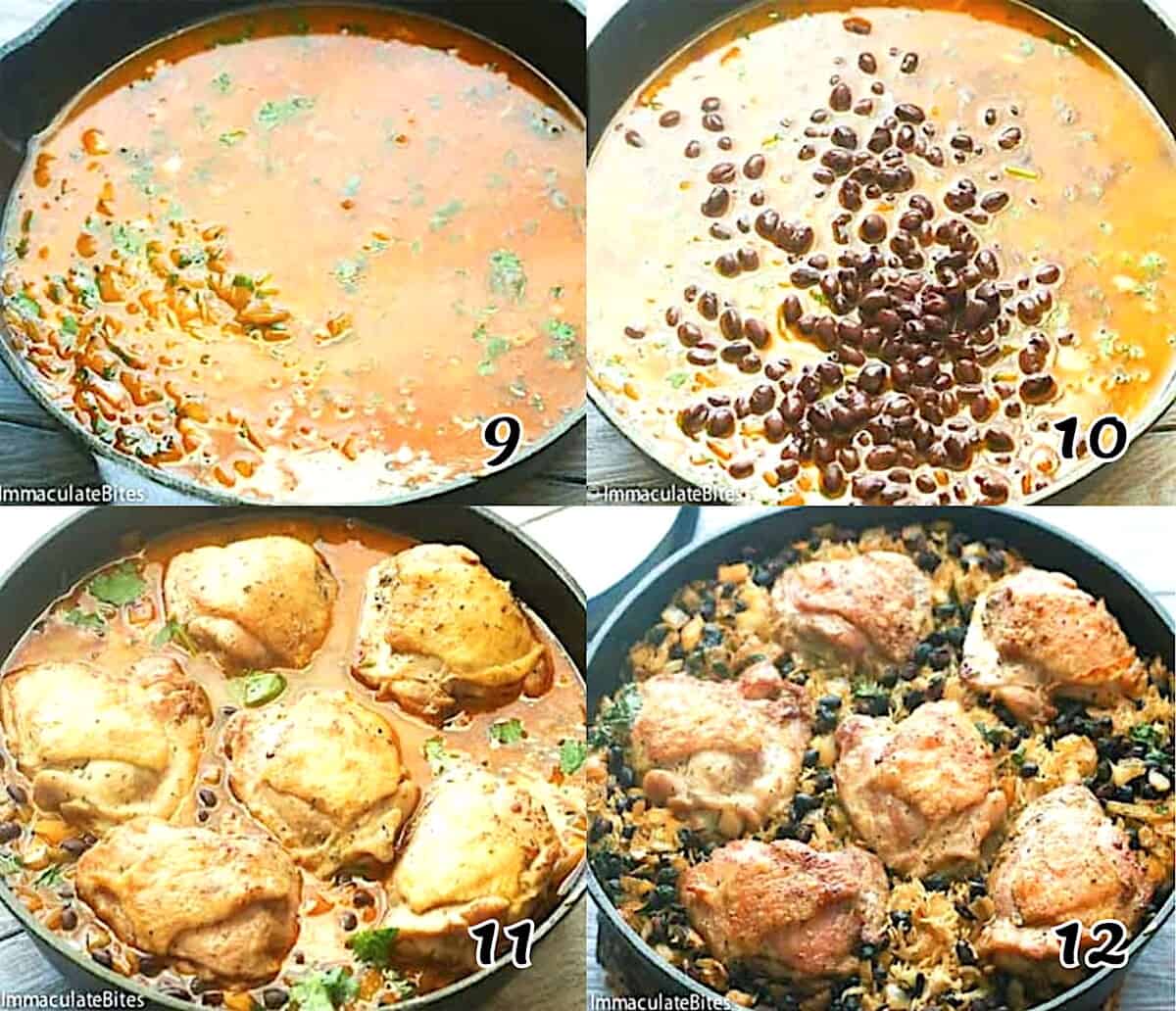 Add the liquid and beans, add the seared chicken, and bake it.