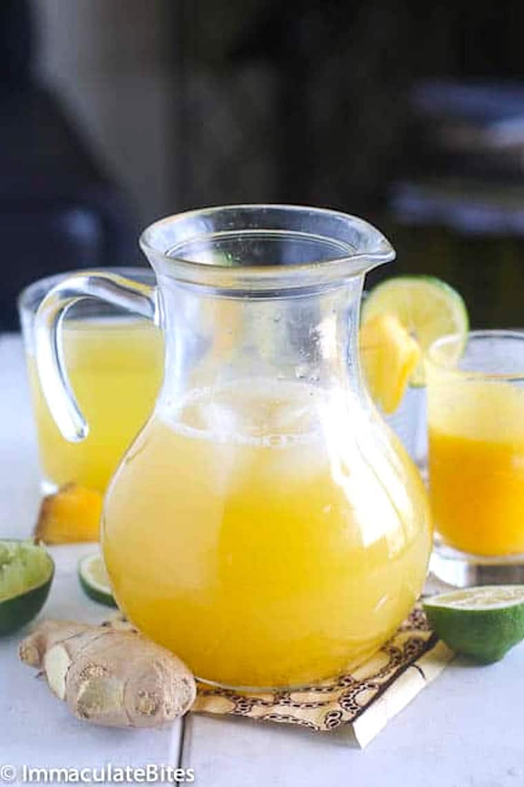 A refreshing pitcher of homemade pineapple ginger juice.