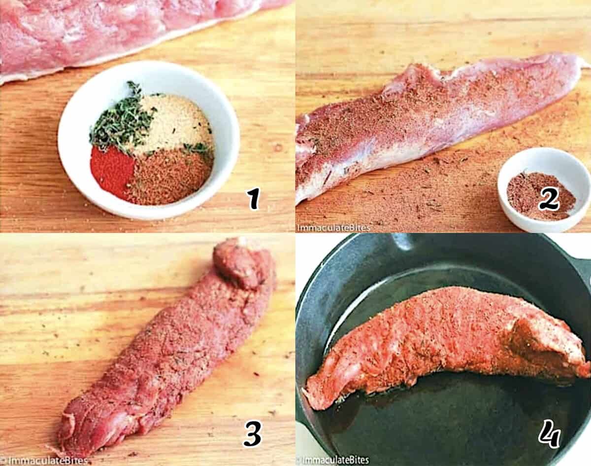 Mix the seasonings, season the meat, and sear it in a hot skillet.