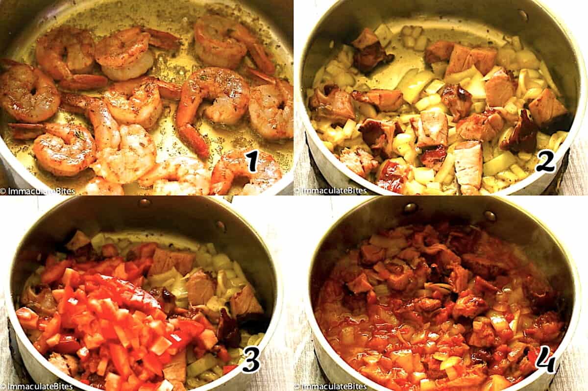 Saute the shrimp, then the aromatics, and then add the tomatoes and other seasonings.