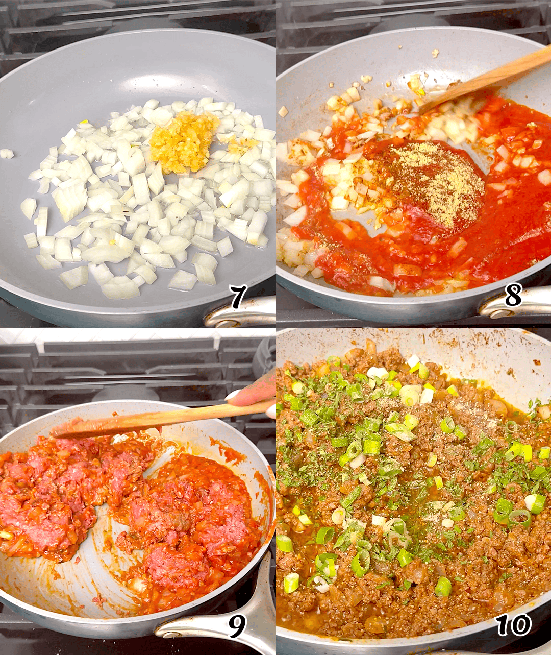 Saute the aromatics, add the tomato sauce and ground beef, stir until done, then add the green onion.