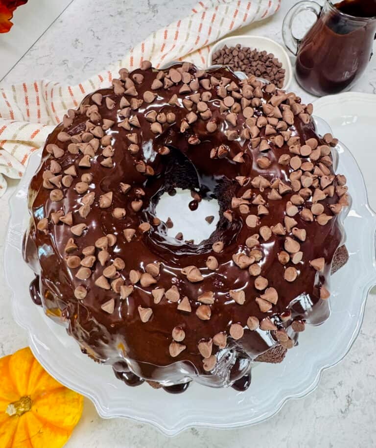 A super simple black magic cake covered in ganache and chocolate chips for the holidays.