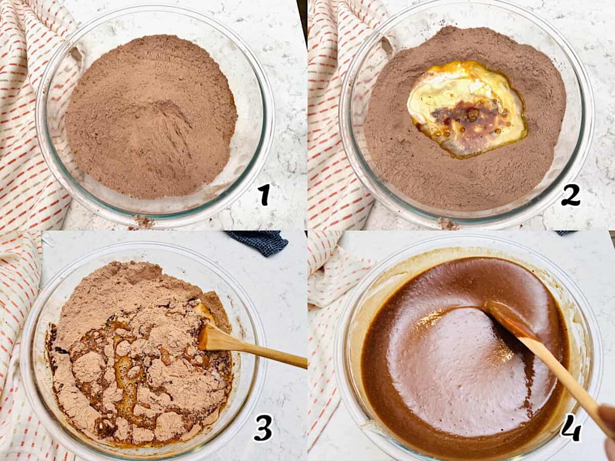 Mix the dry ingredients, add the butter and coffee, and stir.