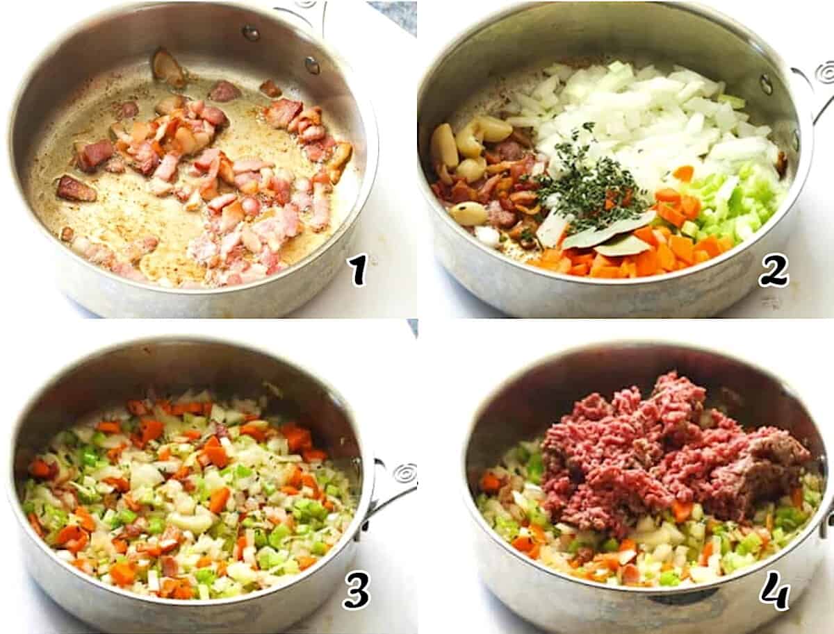 Fry the bacon, saute the aromatics, and brown the beef.