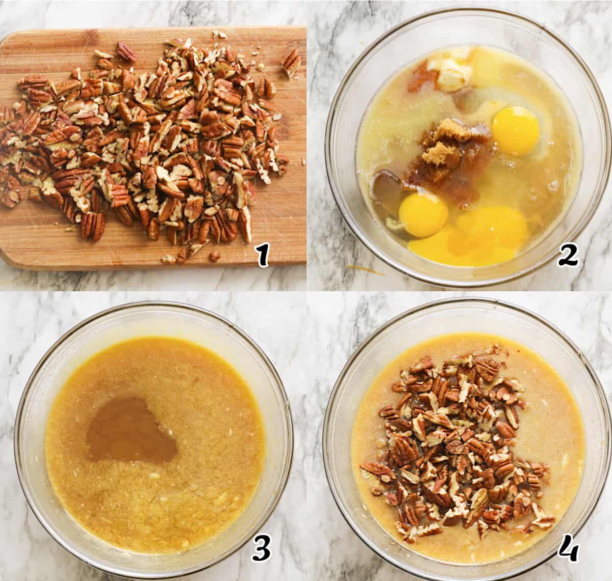 Chop the nuts, whisk the filling, and stir in the nuts.