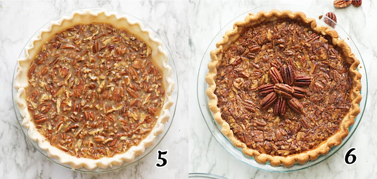 Pour the filling into the crust and bake. Decorate with a few pecans if desired.